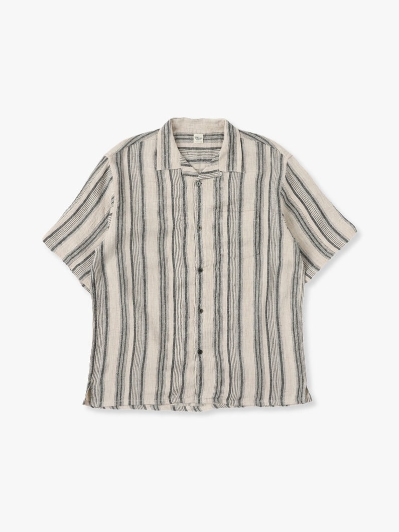 Linen Silk Striped Open Collar Shirt 詳細画像 black 1