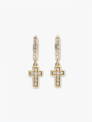 14K Faith Cross White Diamond Pierced Earrings 詳細画像 yellow gold