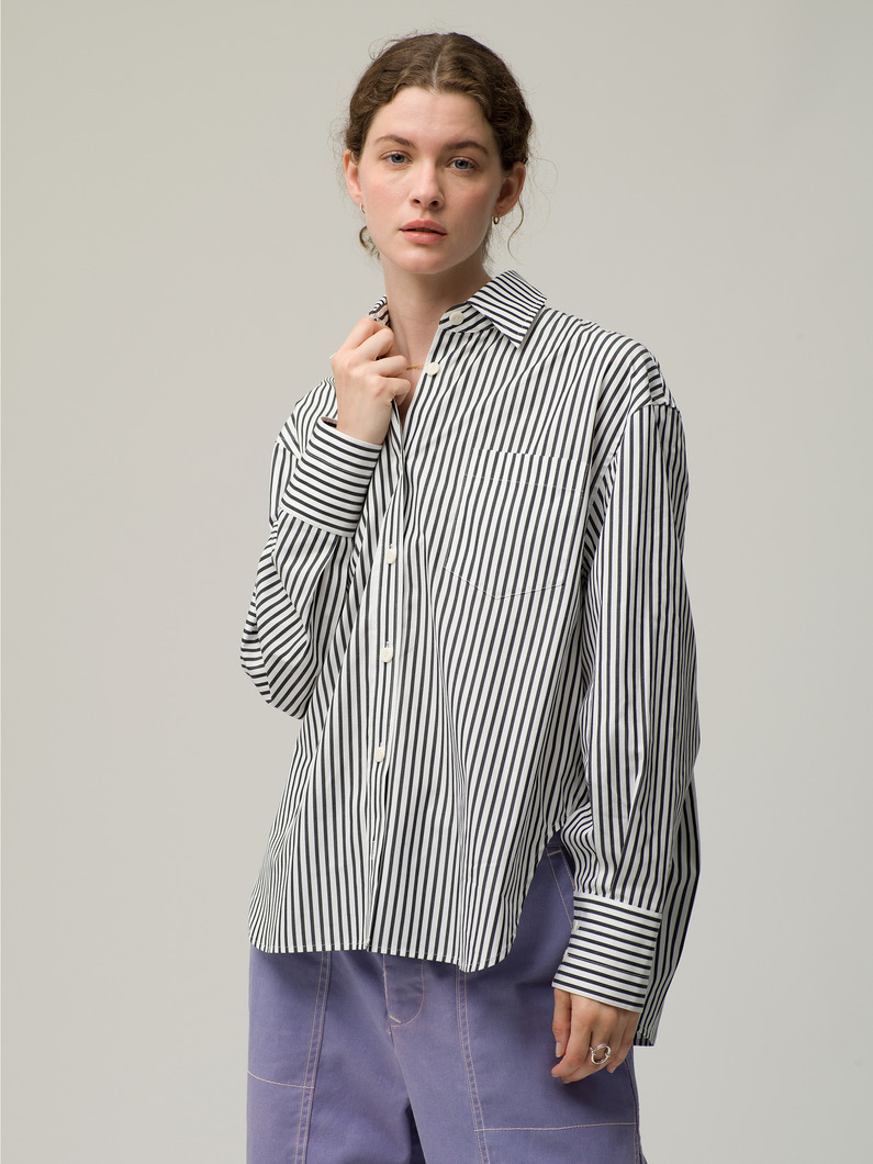 Oversized Blue Striped Cotton Shirt 詳細画像 black 1