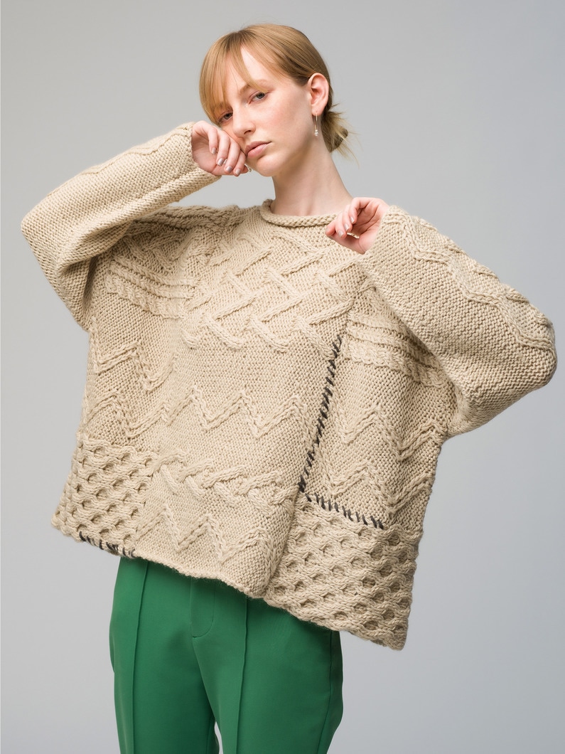 Patchwork Cable Knit Pullover 詳細画像 ivory 1