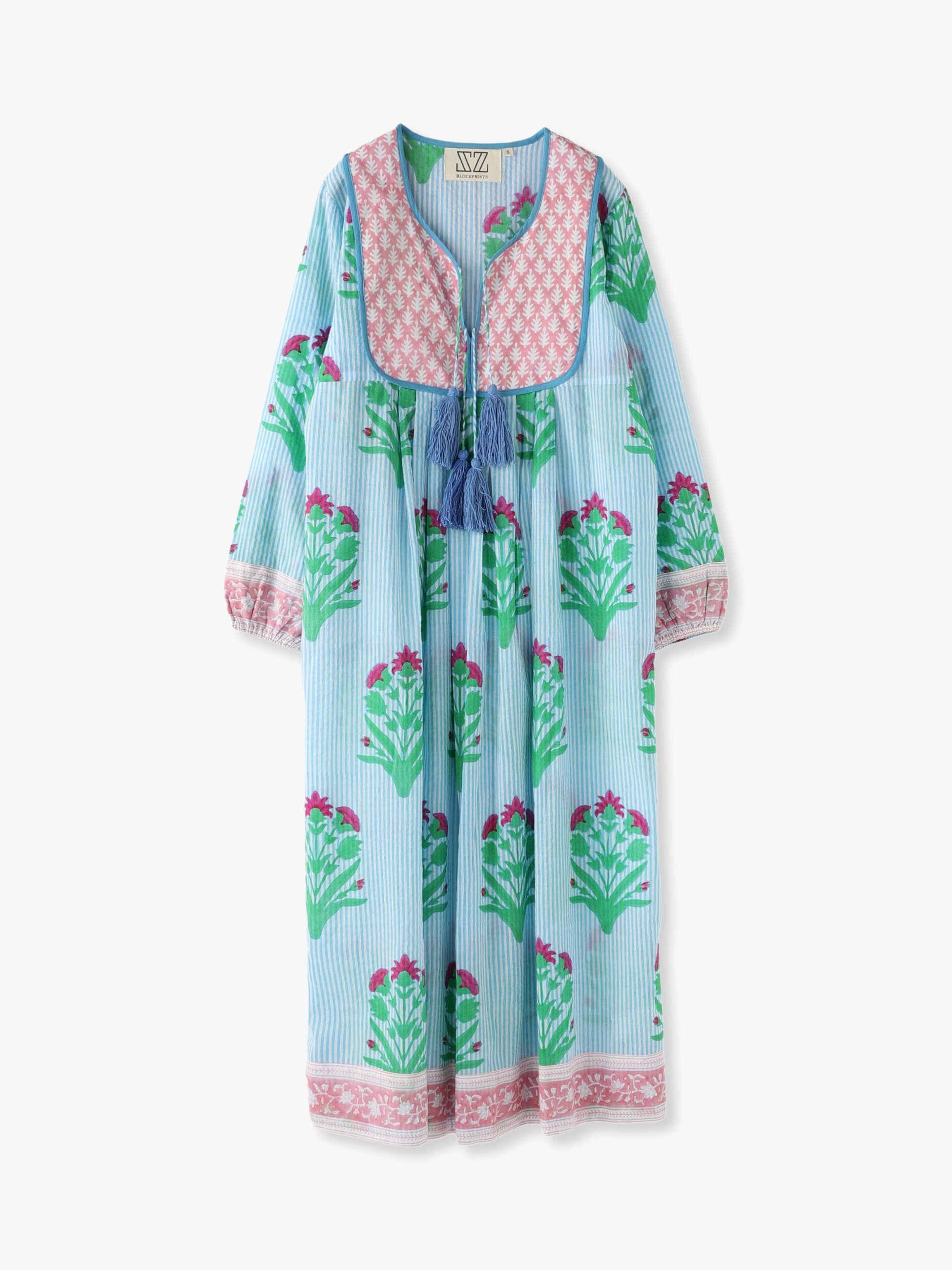 Kitty Dress (hot pink warm grass＆china blue)｜SZ Blockprints 