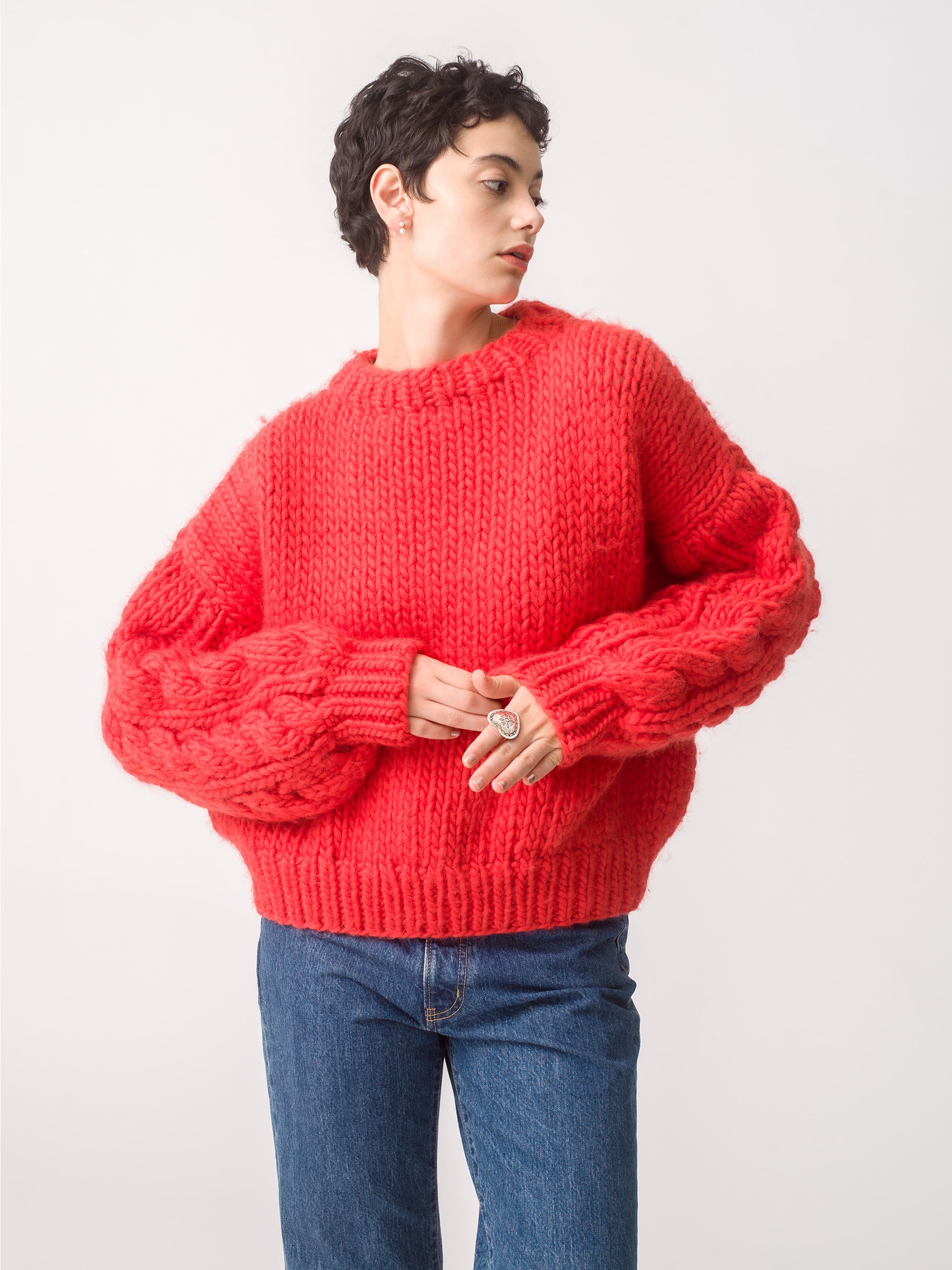 Cable Sleeve Crew Neck Knit Pullover 詳細画像 red 1