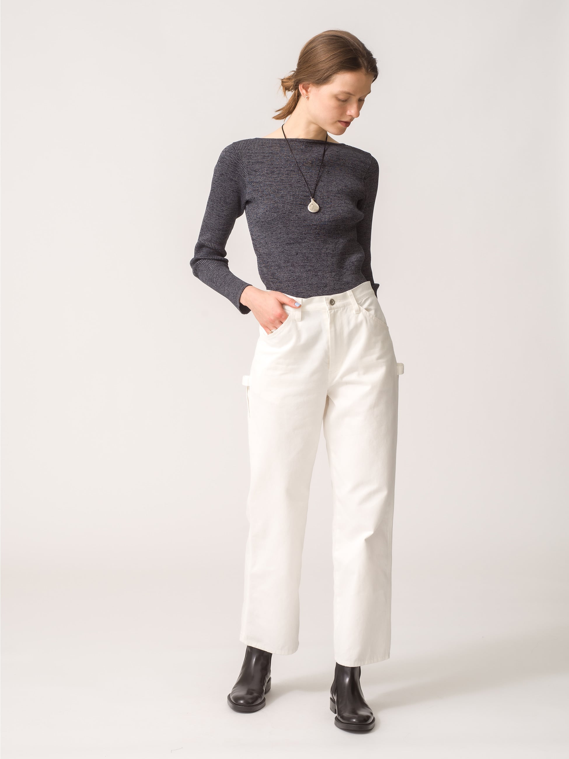 Giza Boat Neck Glitter Pullover (beige/navy)｜AURALEE(オーラリー