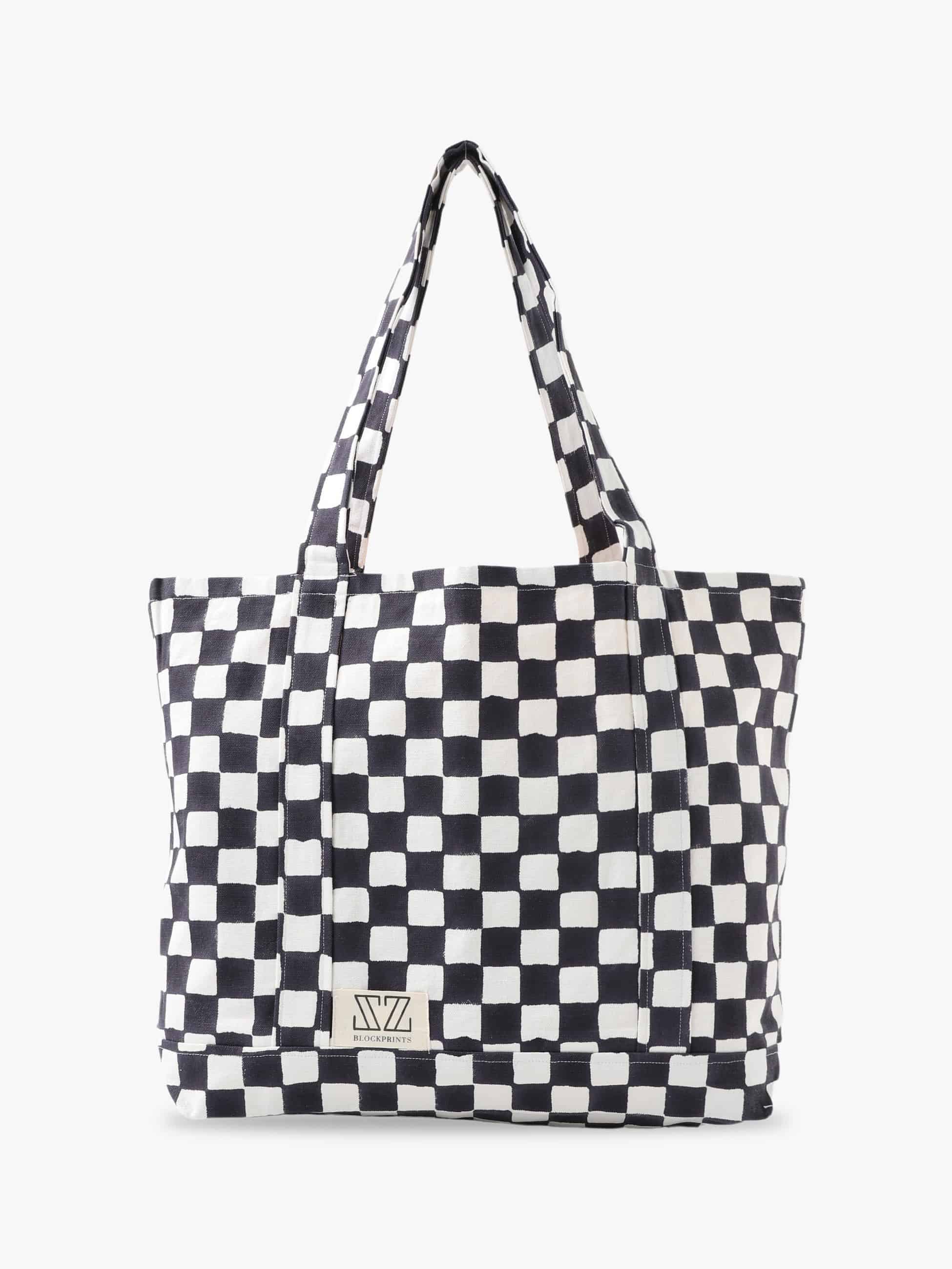 Checked Small Tote Bag (black)｜SZ Blockprints(エスゼット ブロック