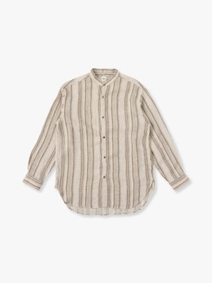 Linen Silk Striped Band Collar Shirt 詳細画像 khaki