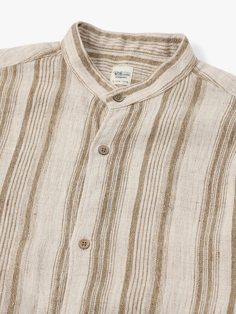 Linen Silk Striped Band Collar Shirt 詳細画像 black 4