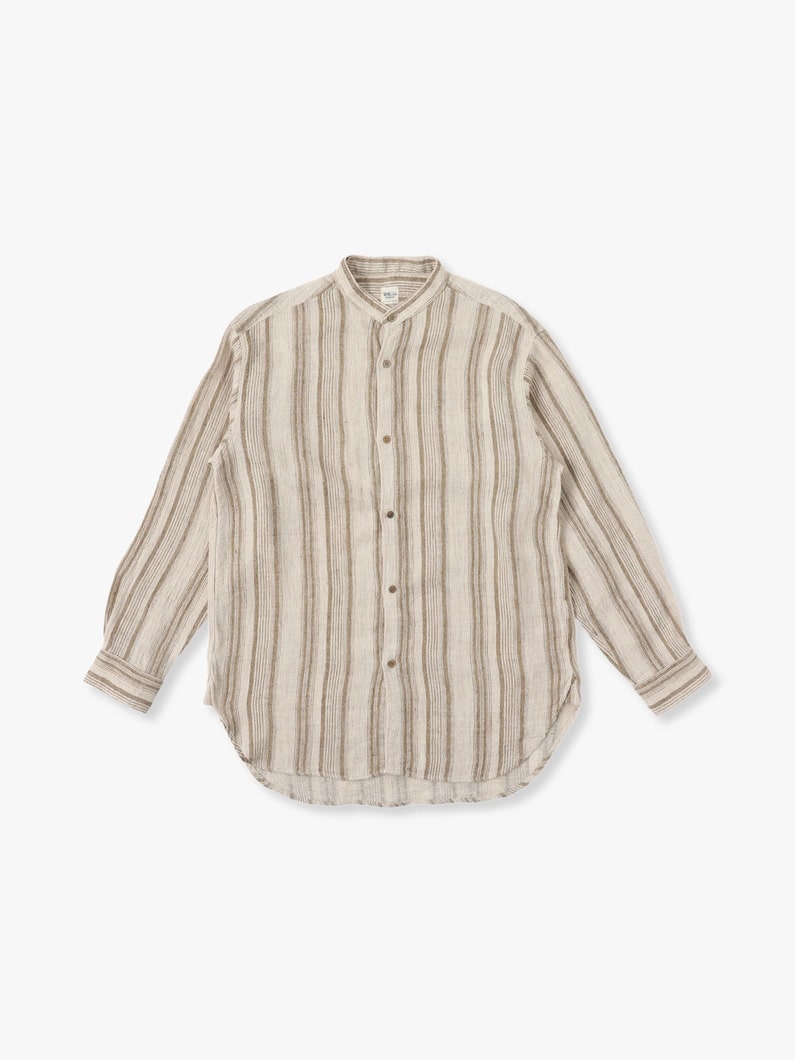 Linen Silk Striped Band Collar Shirt 詳細画像 khaki 1