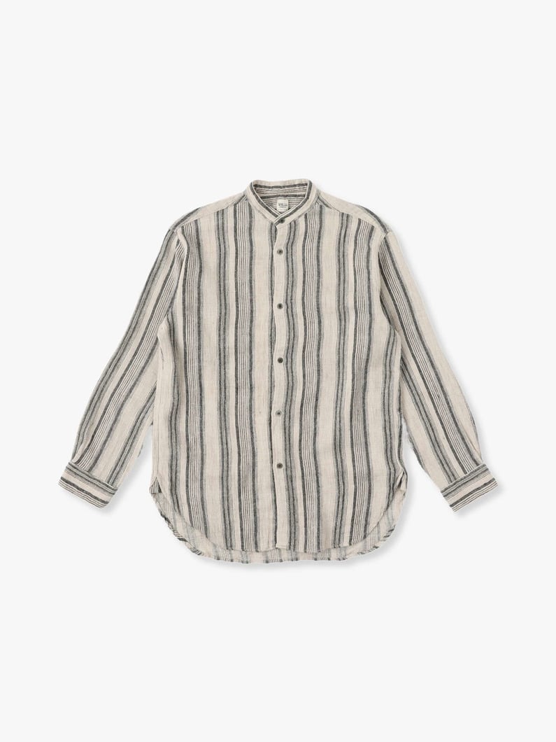 Linen Silk Striped Band Collar Shirt 詳細画像 black 2