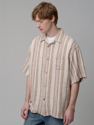 Linen Silk Striped Open Collar Shirt 詳細画像 khaki