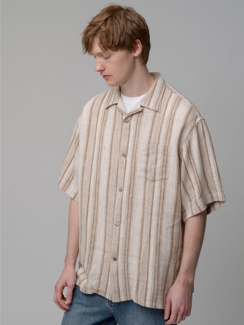 Linen Silk Striped Open Collar Shirt 詳細画像 khaki 1