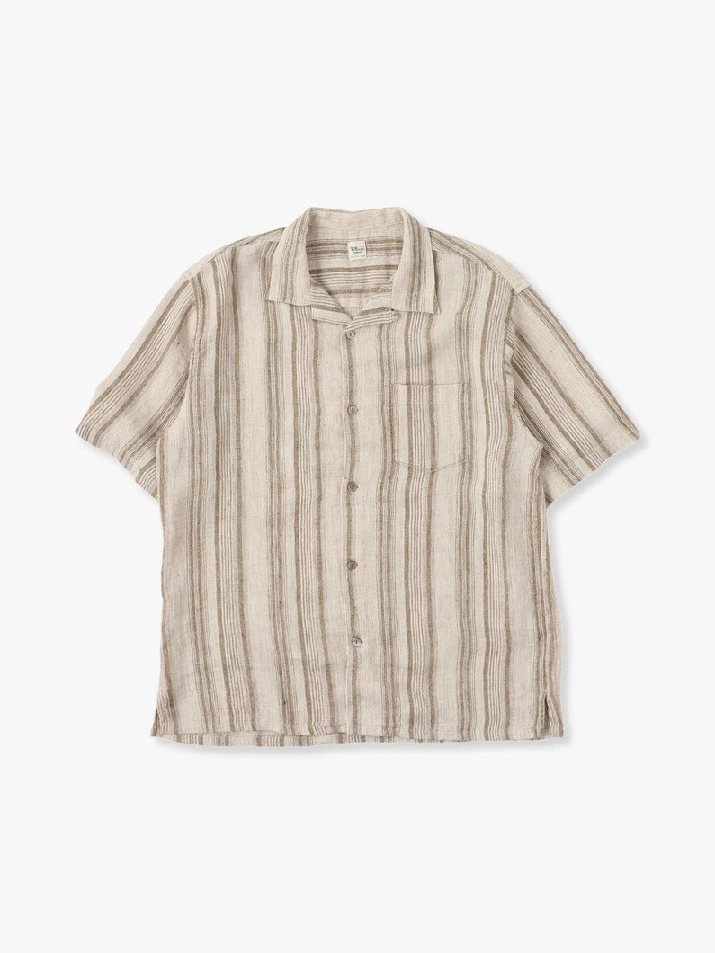 Linen Silk Striped Open Collar Shirt 詳細画像 khaki 2