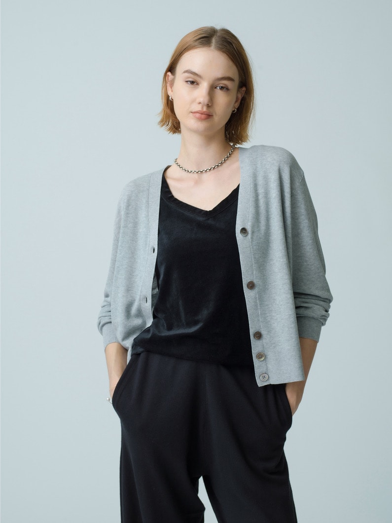 Cotton Nylon V Neck Knit Cardigan 詳細画像 top gray