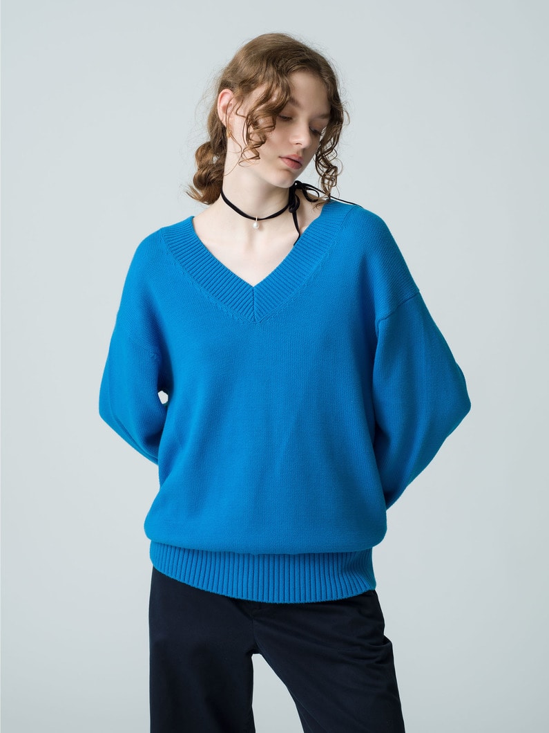 Brushed Cotton V Neck Pullover 詳細画像 blue 1