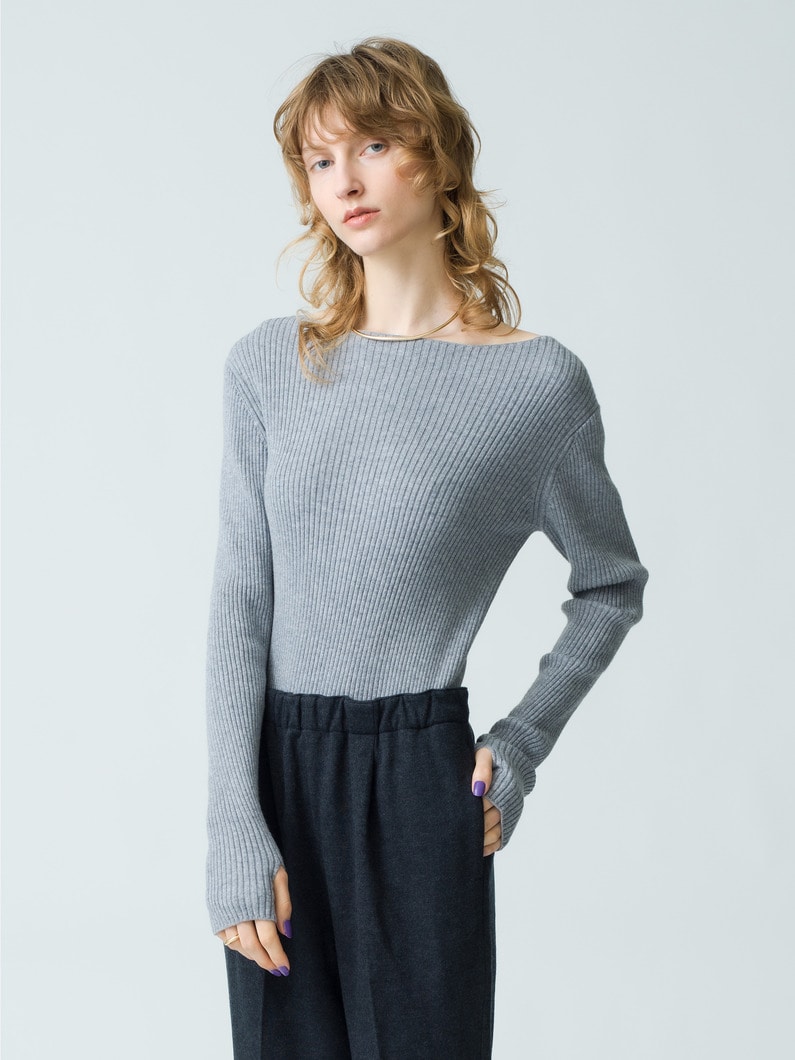 Rib Boat Neck Top (gray/light blue) 詳細画像 gray 2