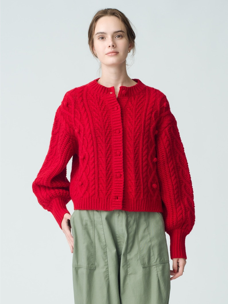 Pom Pom Cable Knit Cardigan 詳細画像 red