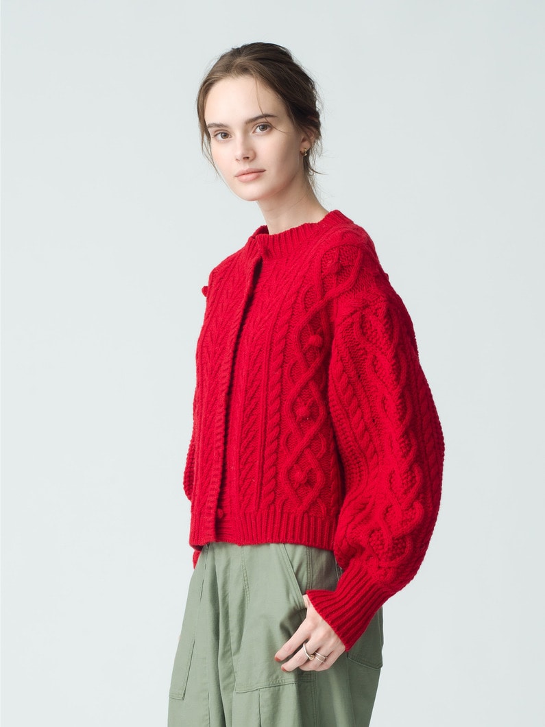 Pom Pom Cable Knit Cardigan 詳細画像 red 2