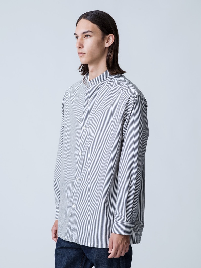 Organic Cotton Kapok Striped Band Collar Shirt 詳細画像 gray