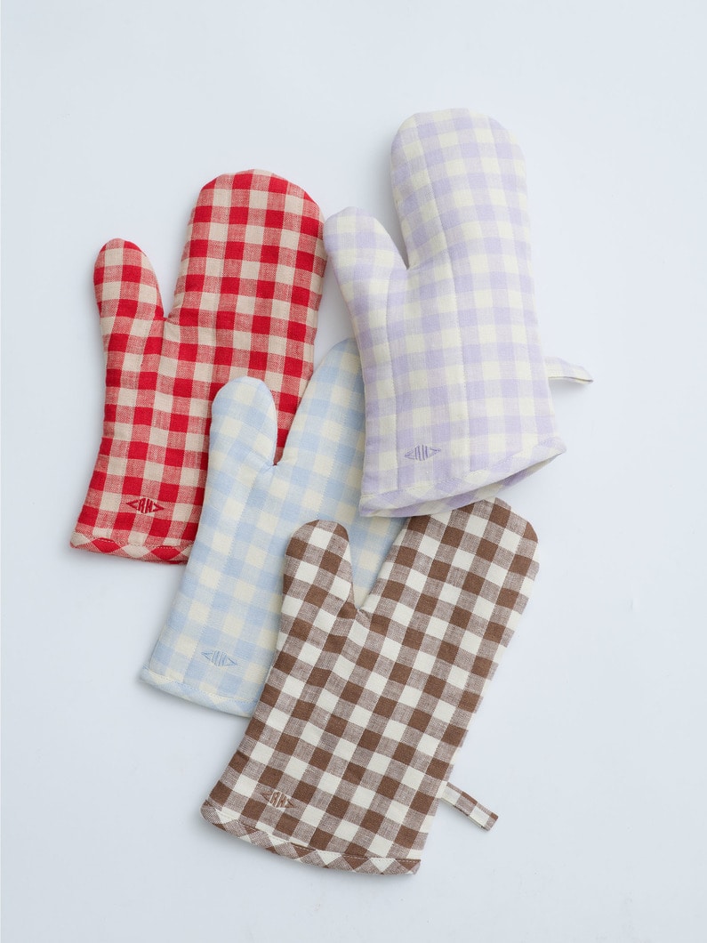 Gingham Linen Kitchen Gloves 詳細画像 brown 3