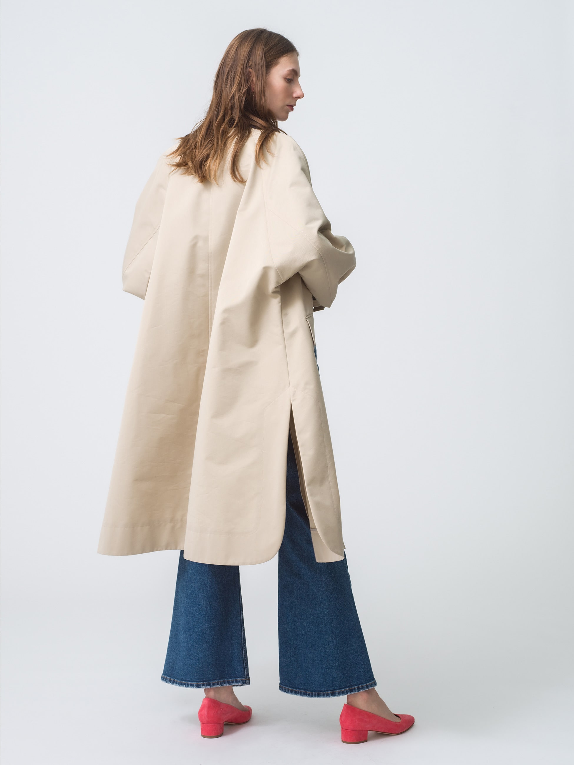 High Count Cotton Twill Collarless Coat (beige)｜ebure(エブール