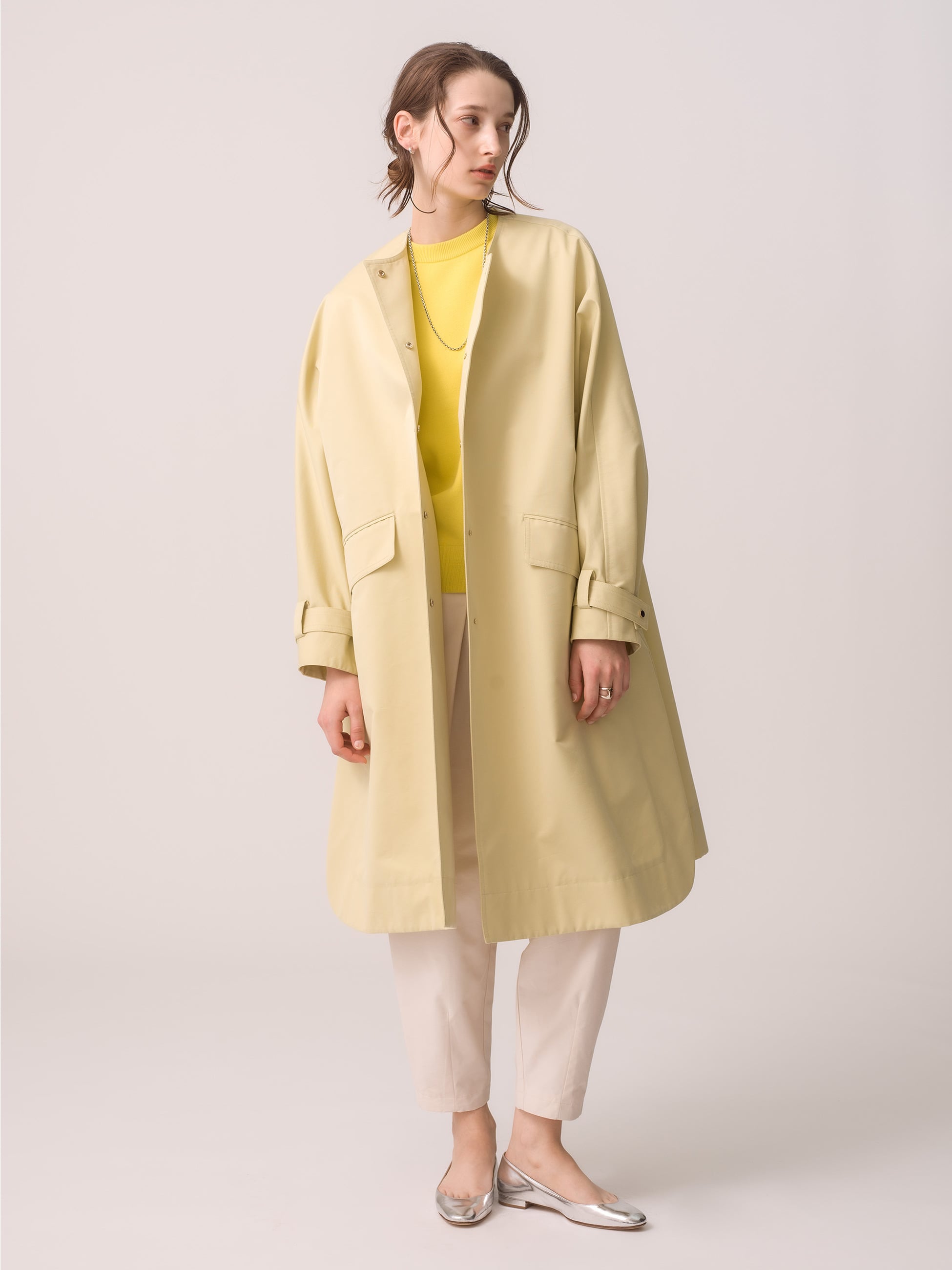 High Count Cotton Twill Collarless Coat (light yellow)｜ebure