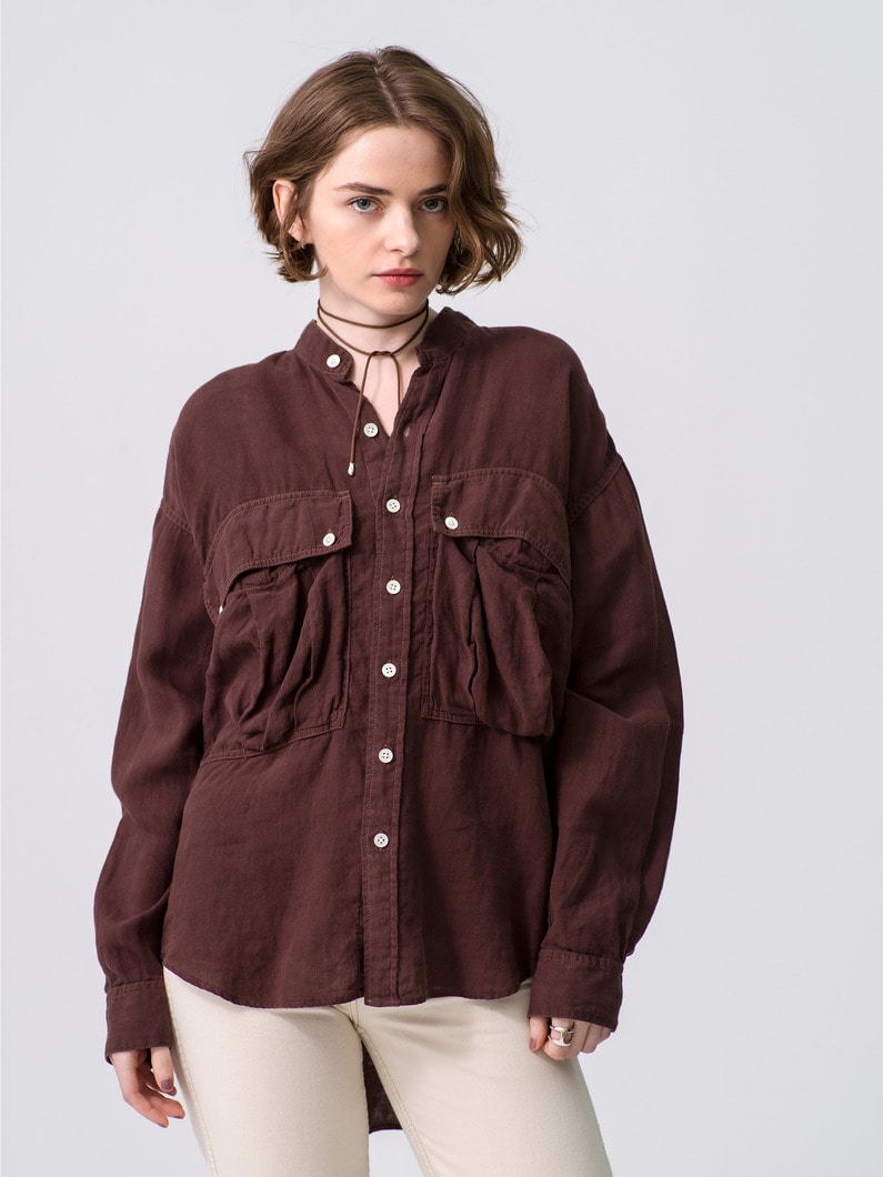 Organic Linen Band Collar Shirt  詳細画像 dark brown 1