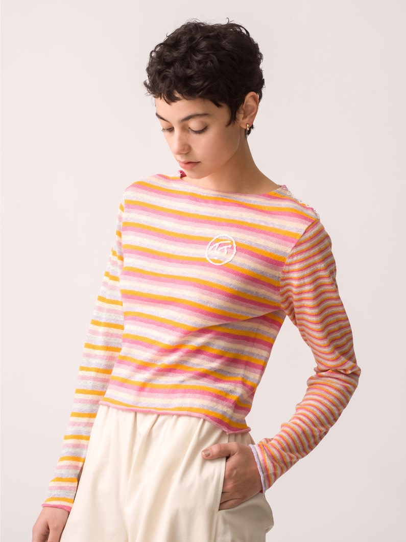 Linen Striped Boat Neck Top 詳細画像 pink