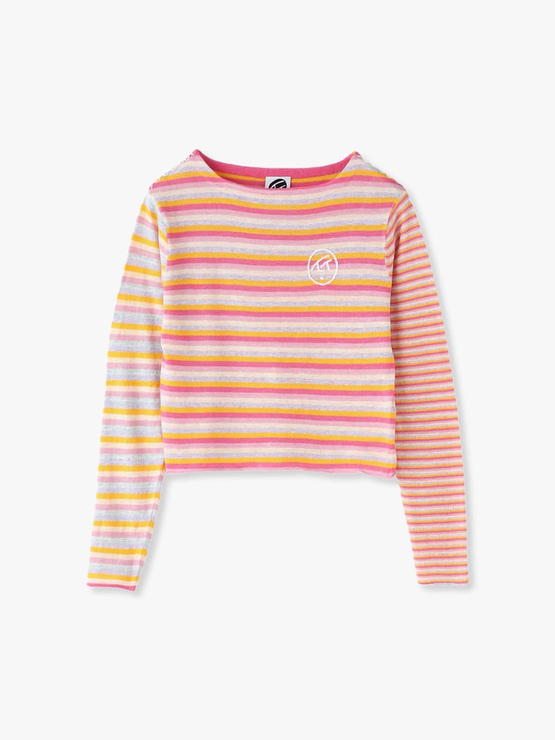 Linen Striped Boat Neck Top 詳細画像 pink 4