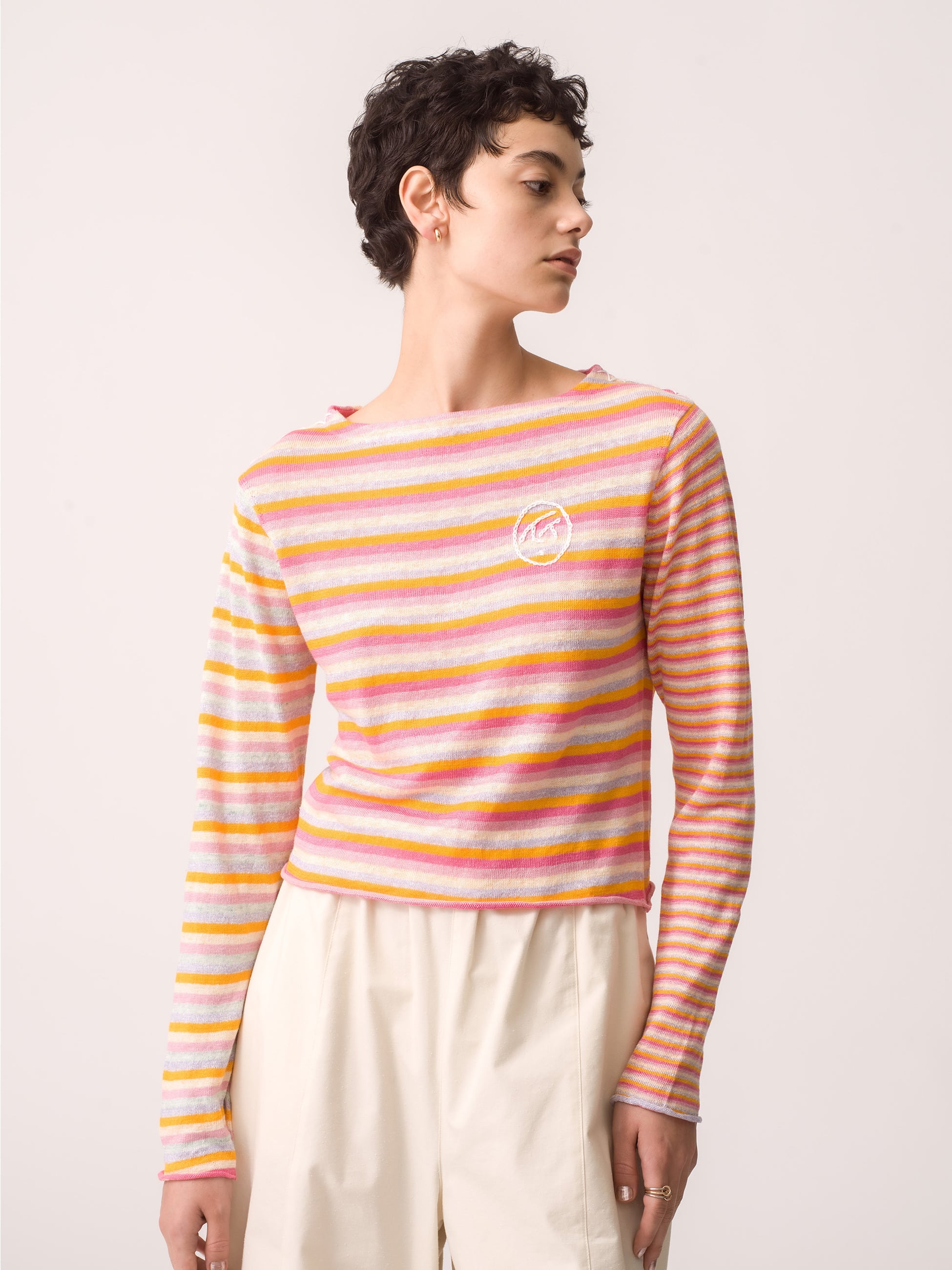 Linen Striped Boat Neck Top 詳細画像 pink 2