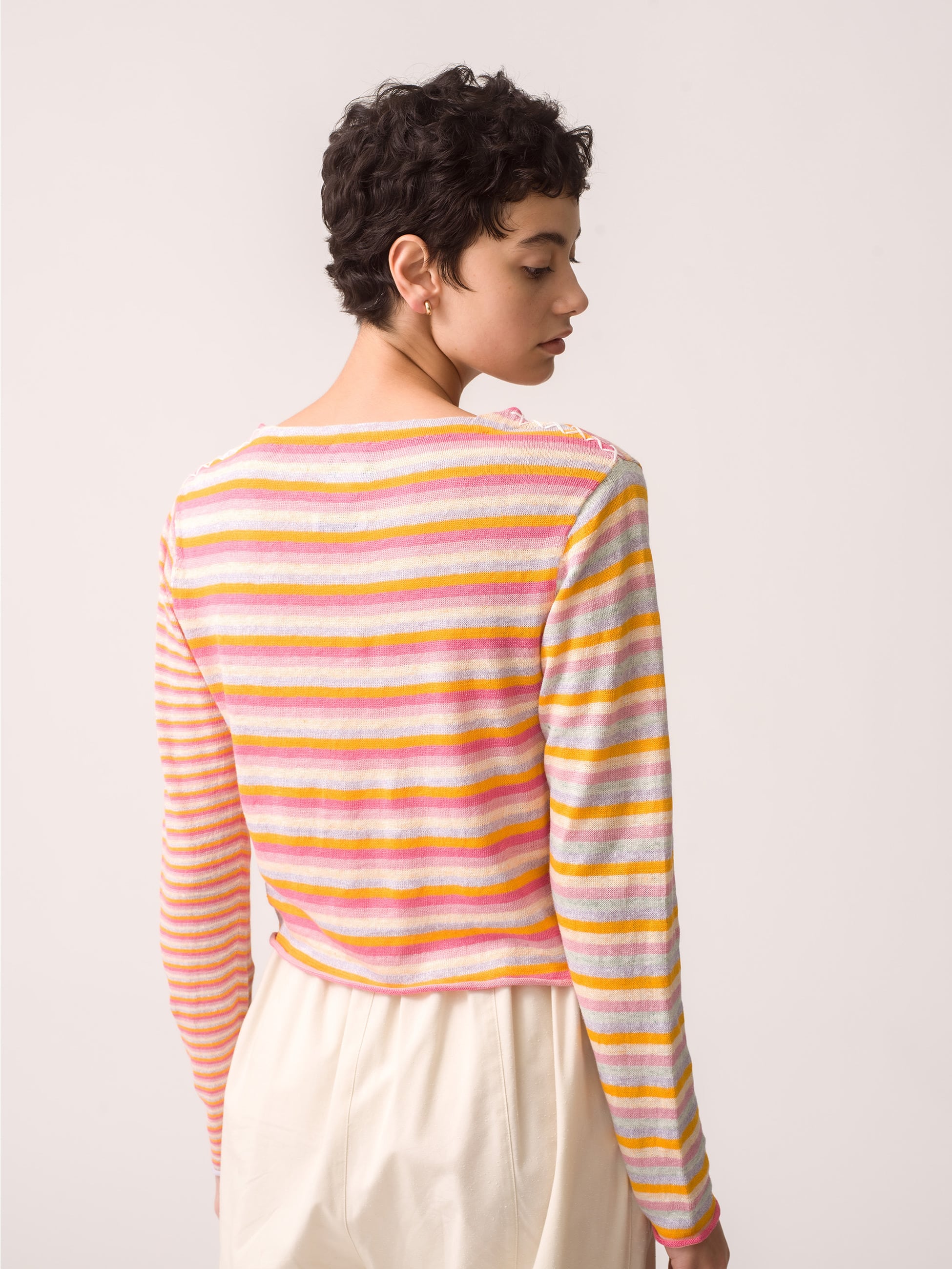 Linen Striped Boat Neck Top 詳細画像 pink 3