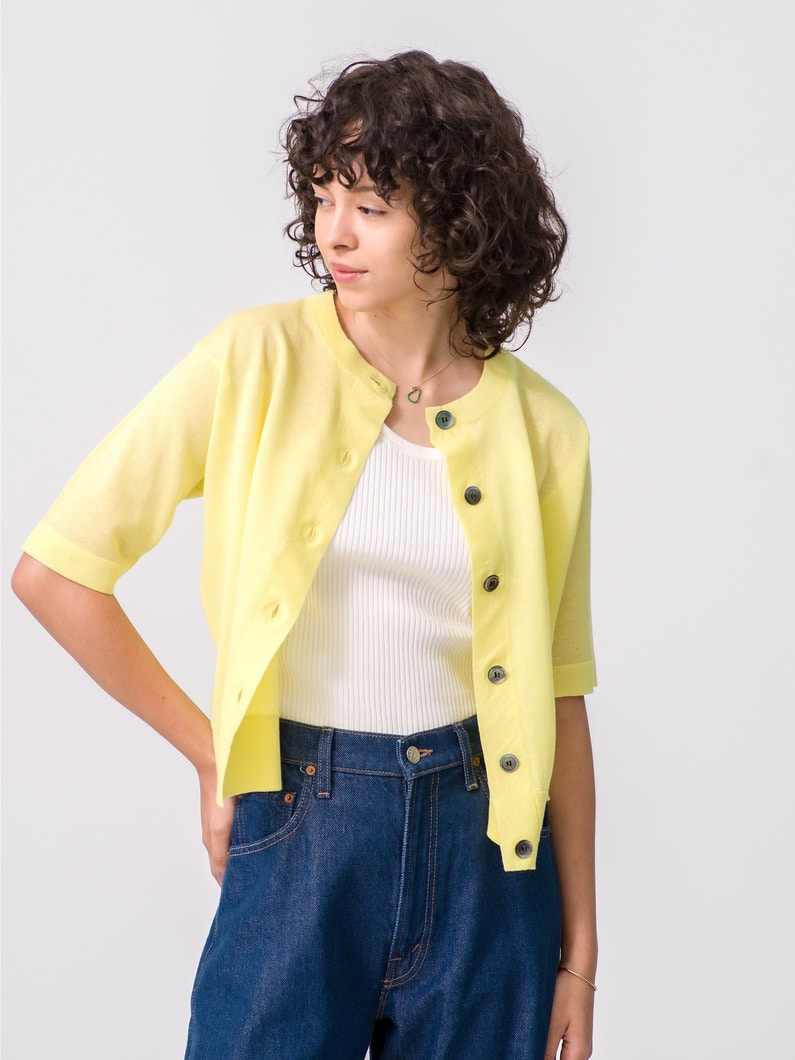 Natural Shiny Half Sleeve Knit Cardigan 詳細画像 yellow 1