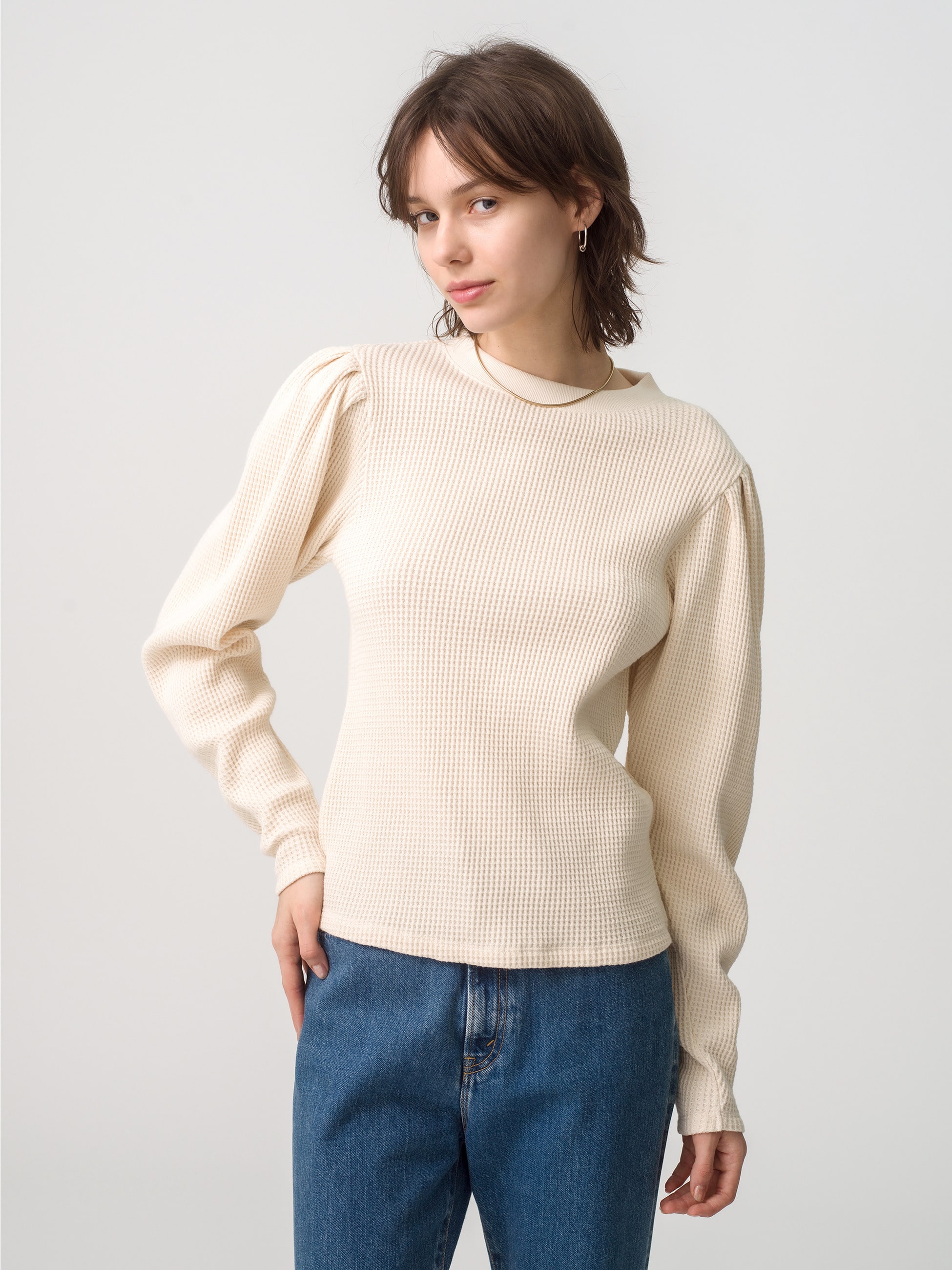 Organic Cotton Waffle Puff Shoulder Pullover 詳細画像 ivory 1