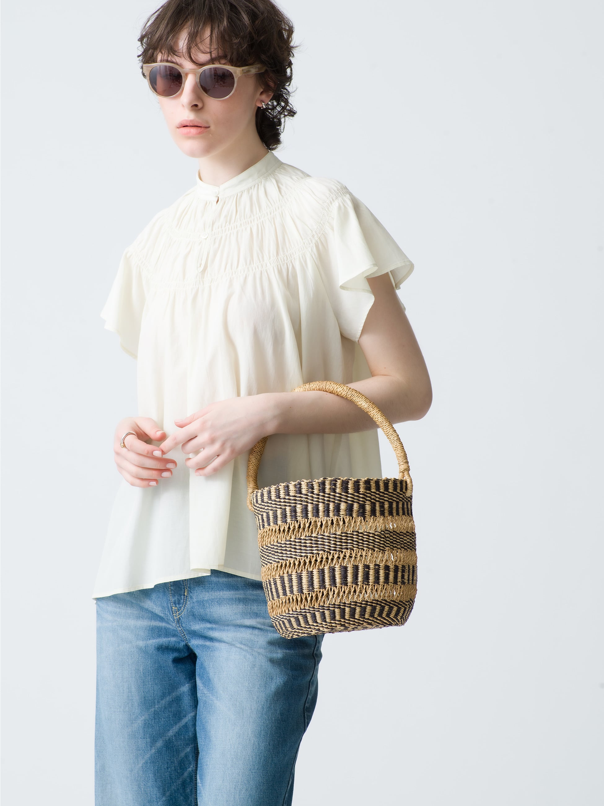 One Handle Striped Basket Bag (black)｜CABANABASH(カバナバシュ 