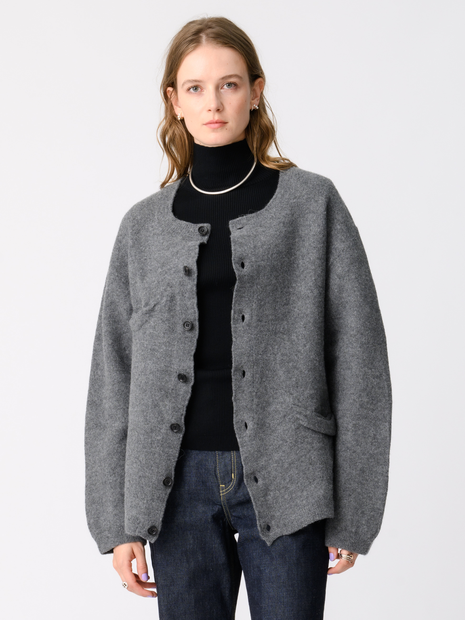 ディストーテッド ニットカーディガン（ネイビー/グレー