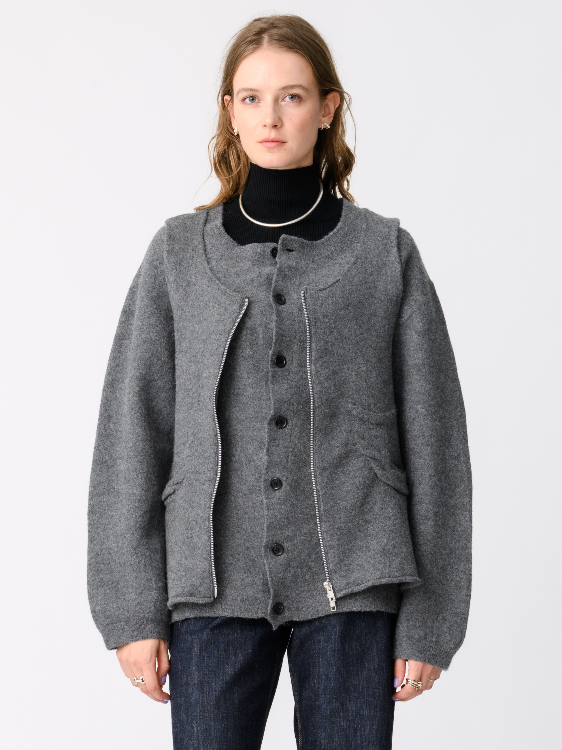 ディストーテッド ニットカーディガン（ネイビー/グレー