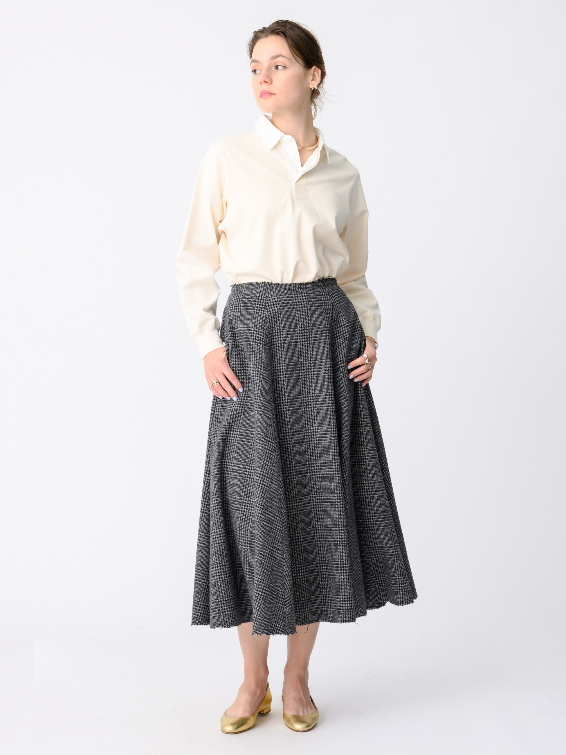 グレンチェック フレアスカート（チャコールグレー）｜UNION