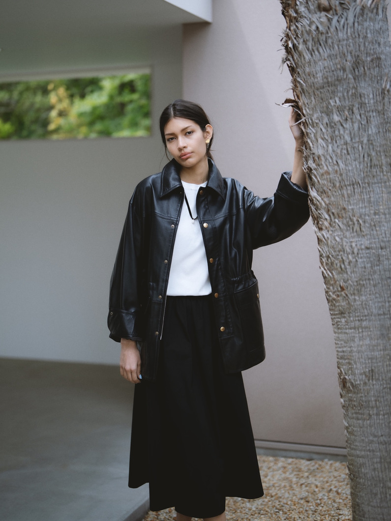 ギャザー フレアスカート（キャメル/ブラック） 詳細画像 black 3