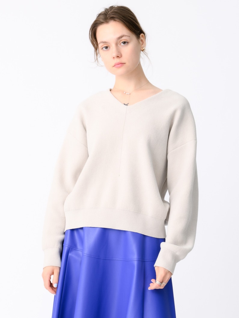 フリース Vネック ニットプルオーバー（ライトベージュ/ネイビー） 詳細画像 light beige