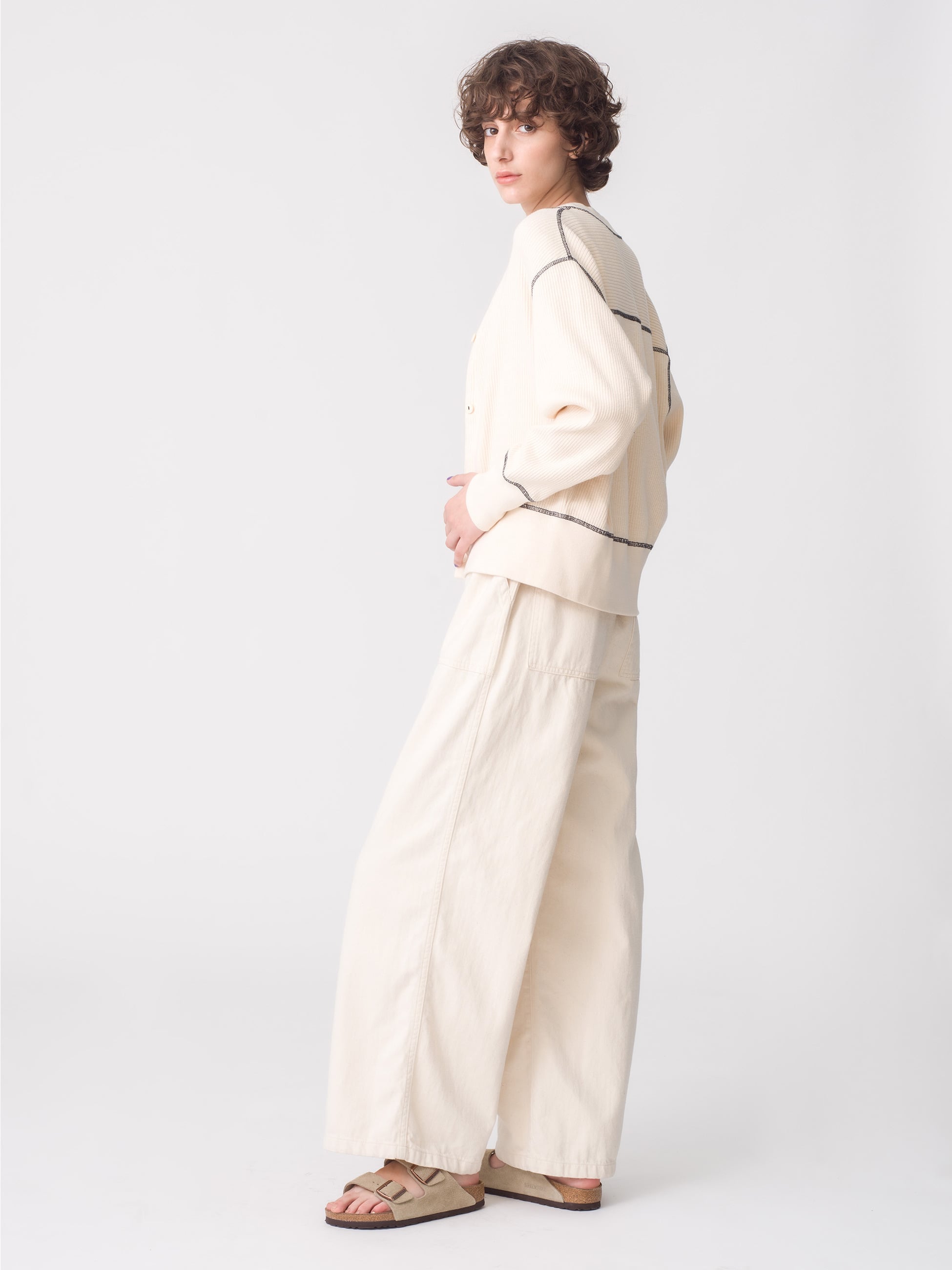 リブカット カーディガン（ブラック/アイボリー）｜RHC(アールエイチ