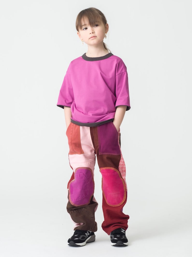 キッズ パッチワーク デニムパンツ（ピンク＆レッド/6Y
