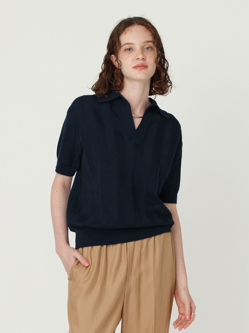 スキッパー ニット ポロ トップ 詳細画像 navy