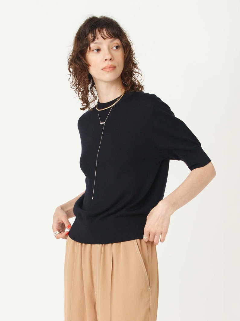 ウォッシャブル ハーフスリーブ ニット トップ 詳細画像 navy