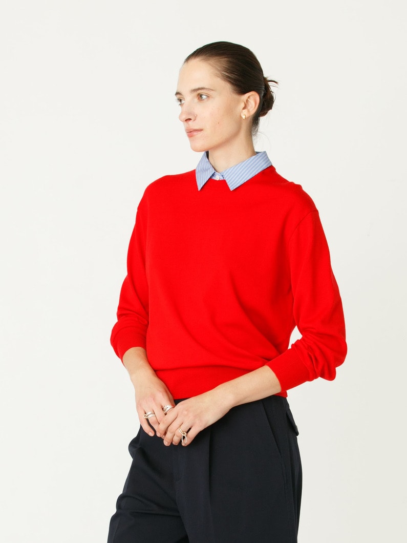シャツファブリック コンビ クルーネック ニット プルオーバー（レッド） 詳細画像 red 2