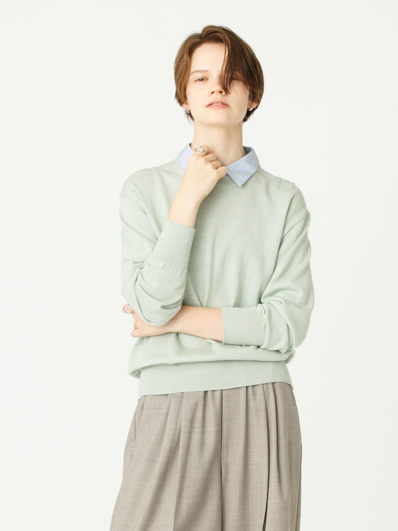 シャツファブリック コンビ クルーネック ニット プルオーバー（ネイビー/ライトグリーン） 詳細画像 light green 1