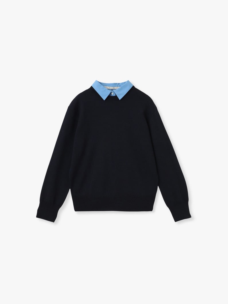 シャツファブリック コンビ クルーネック ニット プルオーバー（ネイビー/ライトグリーン） 詳細画像 navy 7