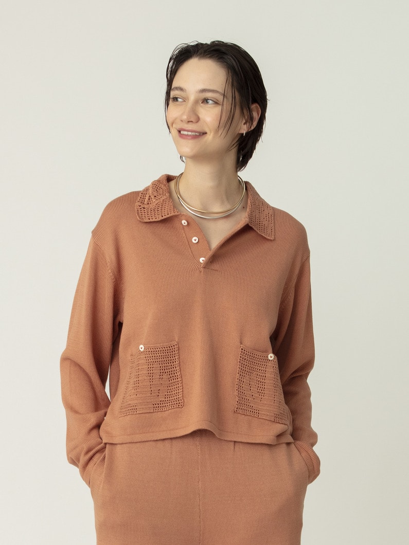 クロシェカラー ニット ポロ トップ 詳細画像 pink 1