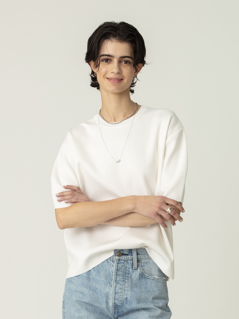 シルク コットン ハイゲージ ニット トップ（ホワイト/ネイビー） 詳細画像 white