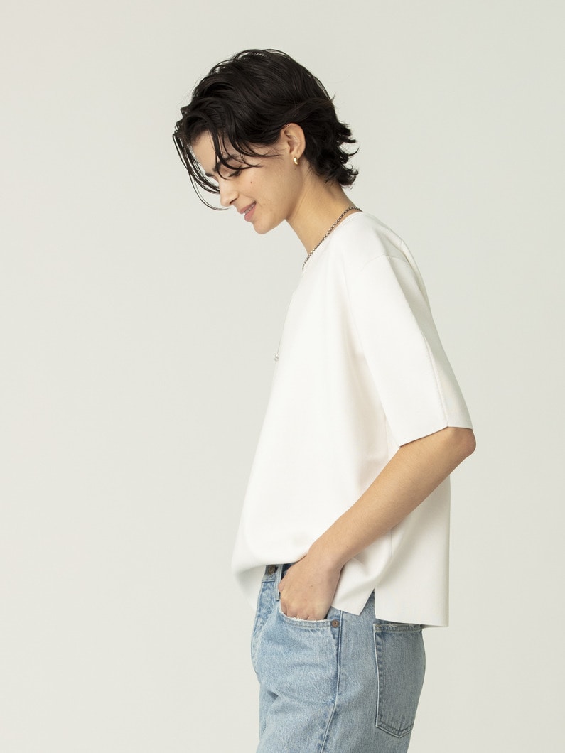 シルク コットン ハイゲージ ニット トップ（ホワイト/ネイビー） 詳細画像 white 2