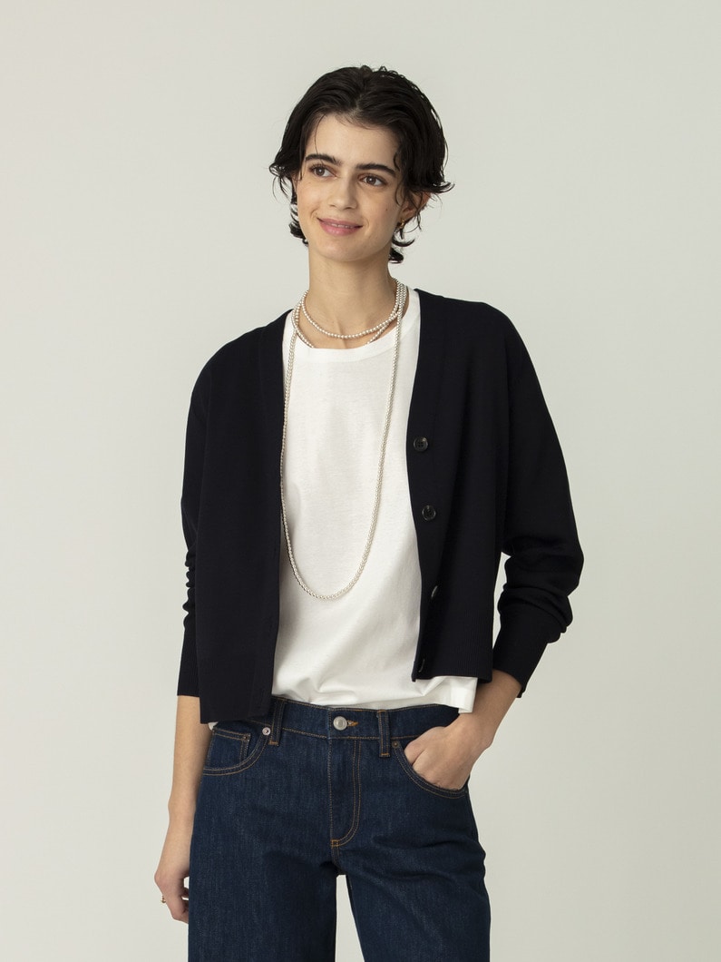 シルク コットン ハイゲージ ニット カーディガン（ホワイト/ネイビー） 詳細画像 navy