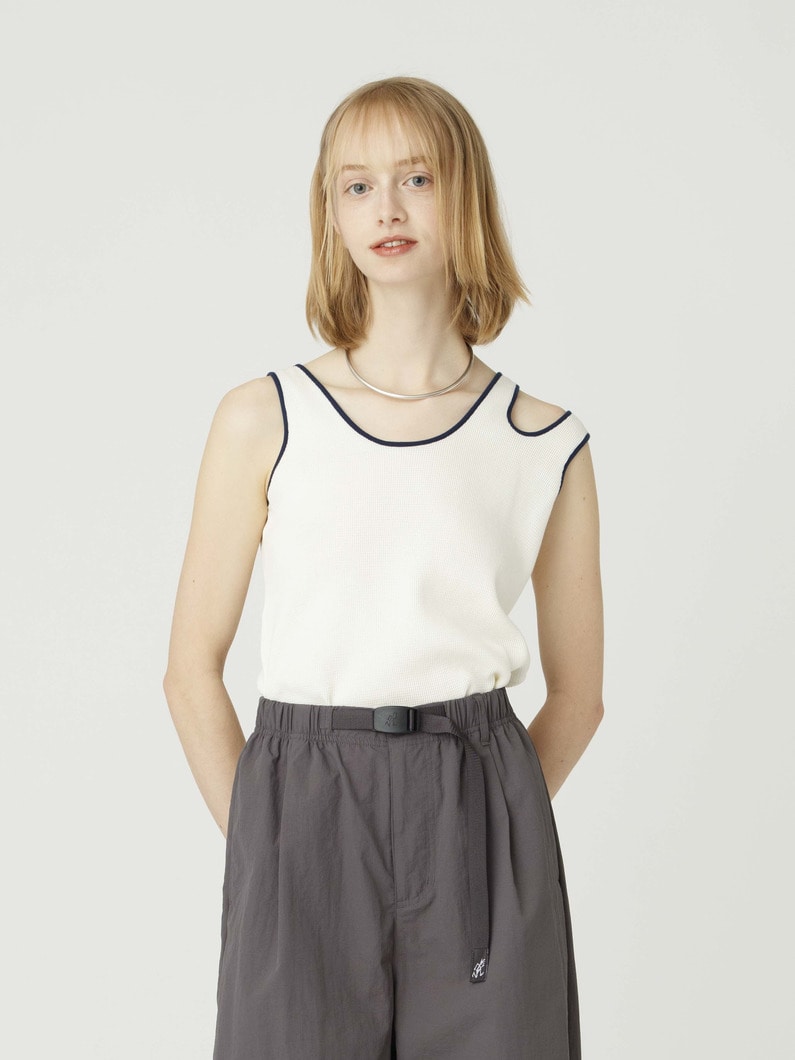 ミニワッフル ダブルショルダー スリーブレストップ 詳細画像 white