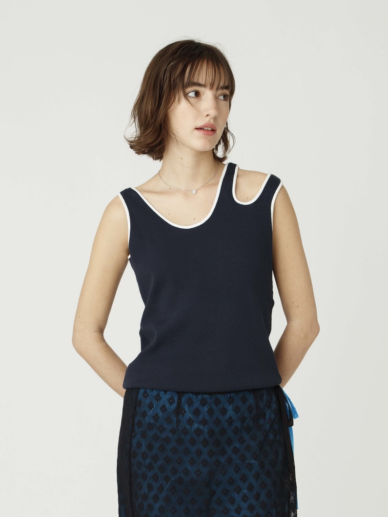 ミニワッフル ダブルショルダー スリーブレストップ 詳細画像 navy 1